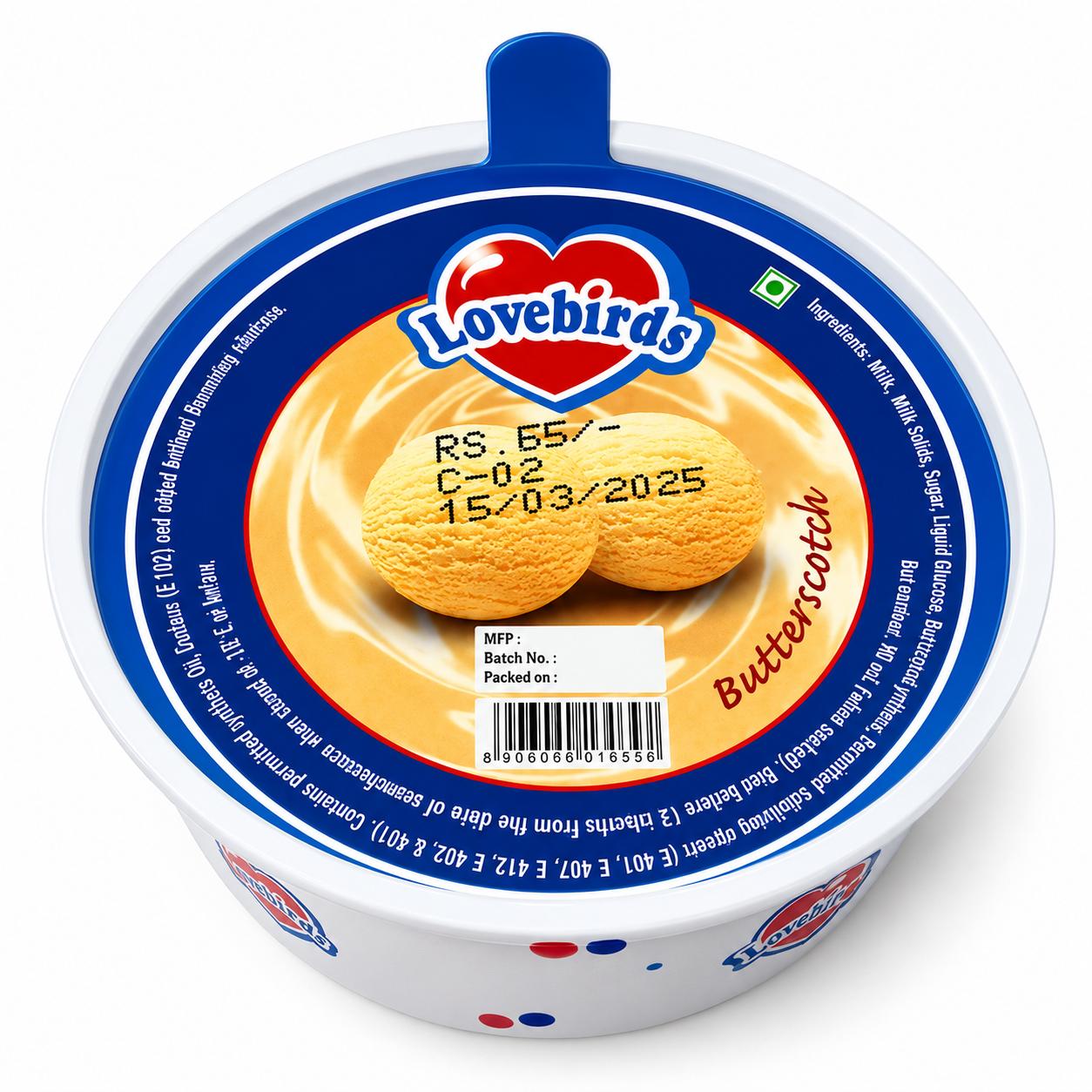 Lovebirds Butterscotch Big Cup Ice Cream Tub 90ml MRP 65