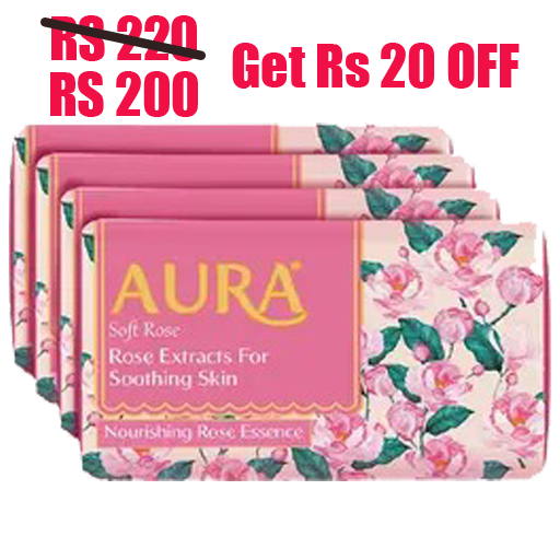 Aura Soft Rose Bathing Soap (100g x Pack of 4) MRP 200