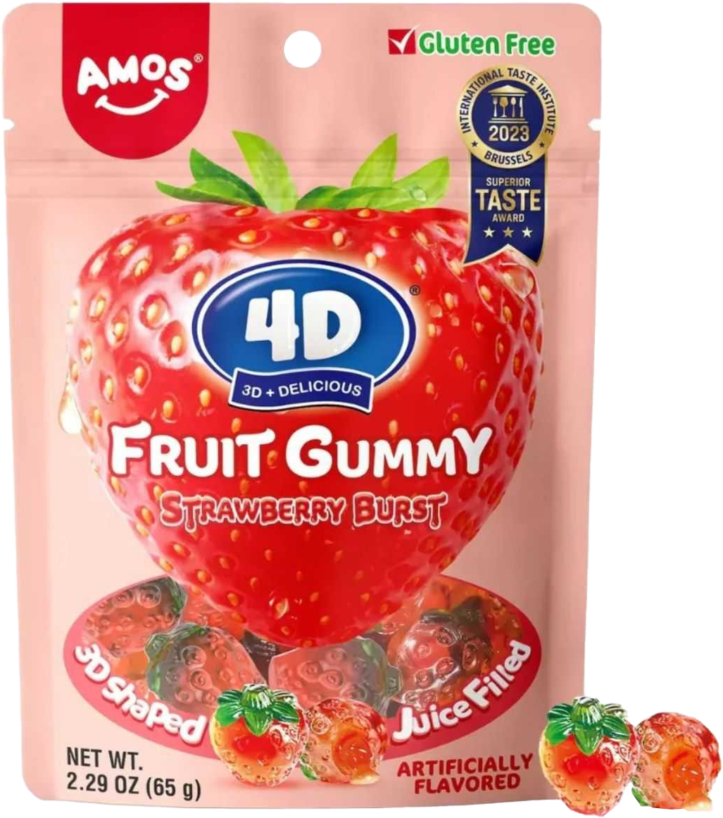 Amos 4D Fruit Gummy Candies - Strawberry Burst 65g MRP 170