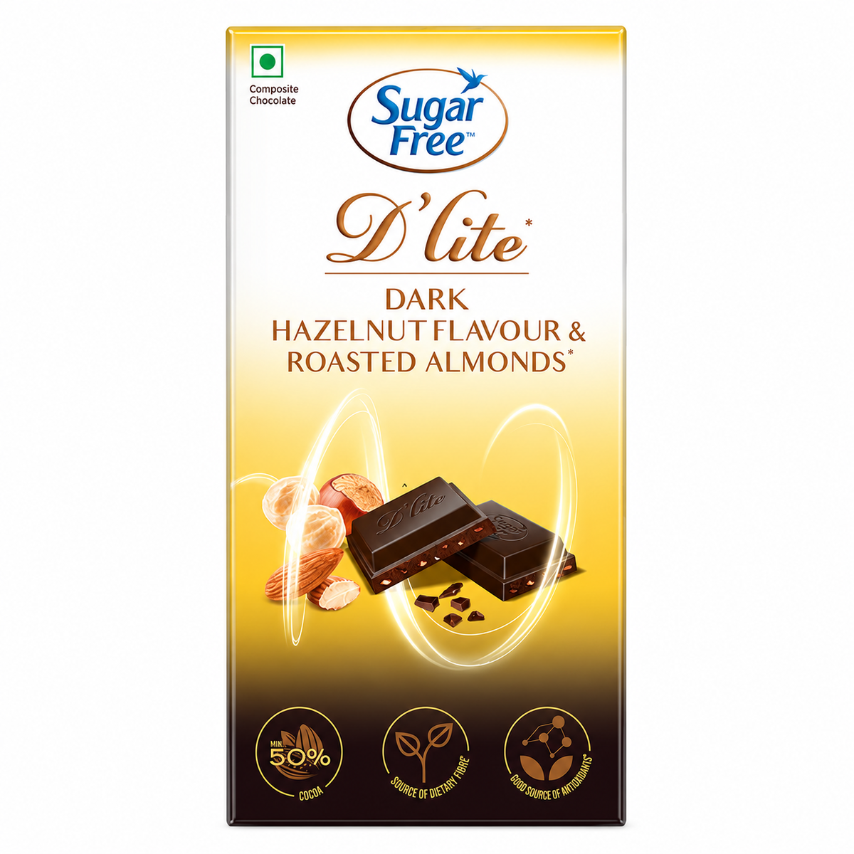 Sugar Free D'Lite Dark Hazelnut Flavor & Roasted Almonds Chocolate Bar 80g MRP 380