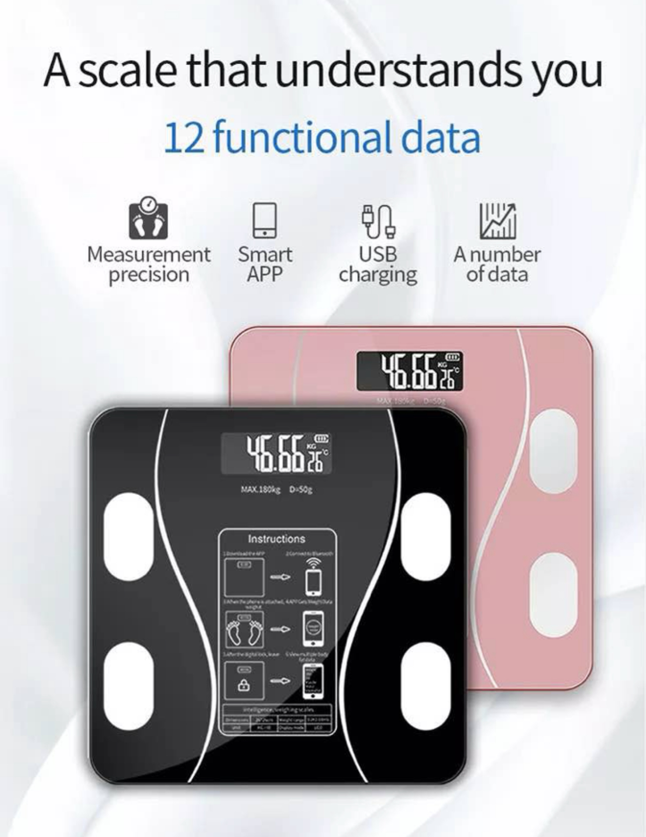 Weight scale Bluetooth with Body Mass Weight Indicator in Mobile app & Indoor temperature with smart record maker